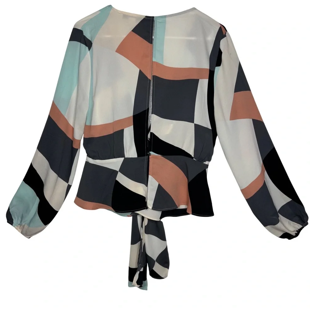 Forever 21 Geometric Color block Puff sleeves y2k baby doll Open back top sz L - Picture 3 of 9